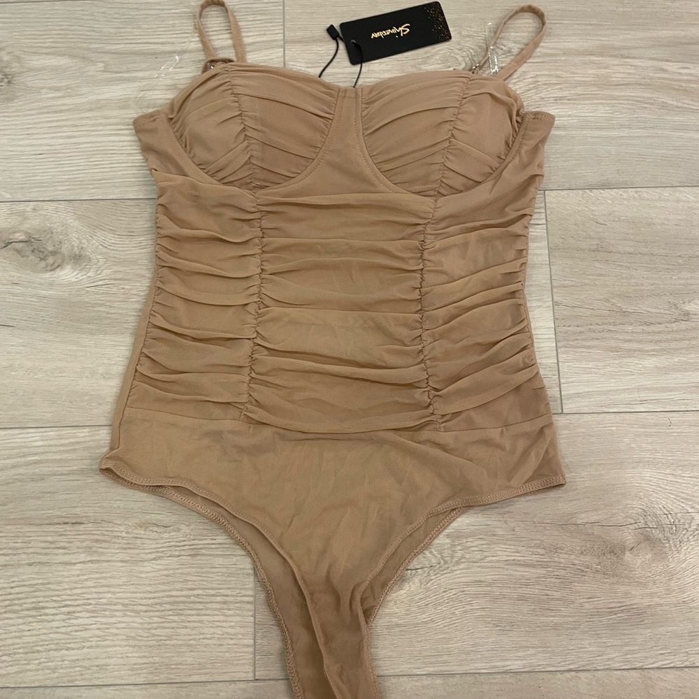 Sheer Tan Ruched Bodysuit